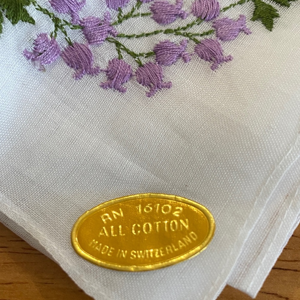 Embroidered White Handkerchief with Purple Floral Design - Picture 5 of 5